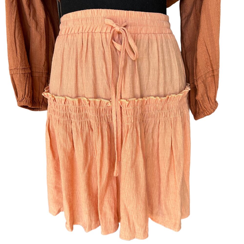 Gauze Tiered Ruffle Mini Skirt SMALL Pastel Peach Boho Western Cottage Peasant